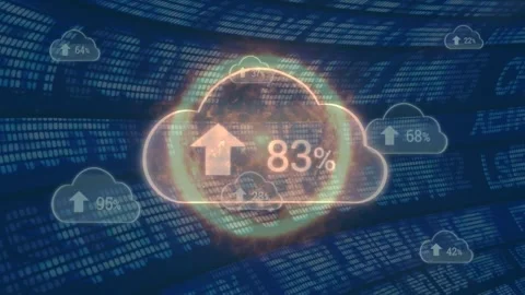 Animation of cloud icons, data processing and stock market over blue background Stock Footage 329127680