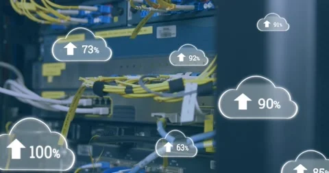 Animation of cloud icons with growing numbers over server room Vidéo 220399218