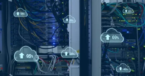 Animation of cloud icons with growing numbers over server room Stock Footage 328821621