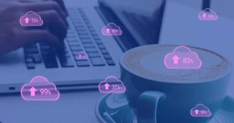 Animation of cloud icons with growing numbers over hands of caucasian woman Stock Footage 329765953