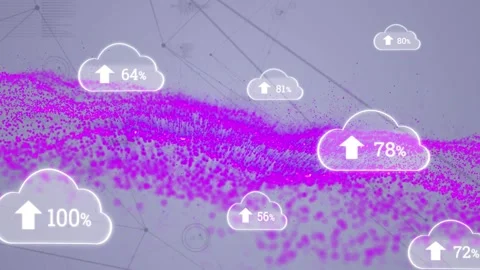 Animation of cloud icons with growing numbers over purple shapes and network of Stock Footage 330336686