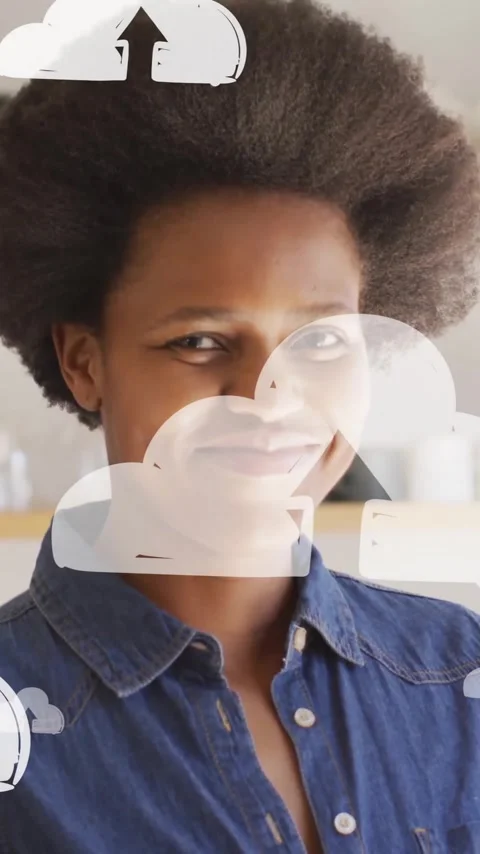 Animation of cloud icons over african american smiling Stock Footage 344011653