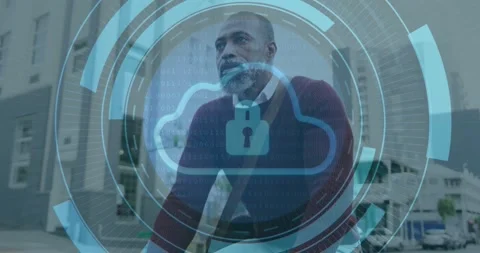 Animation of cloud in loading circles, senior thoughtful african american man Stock Footage 330108926