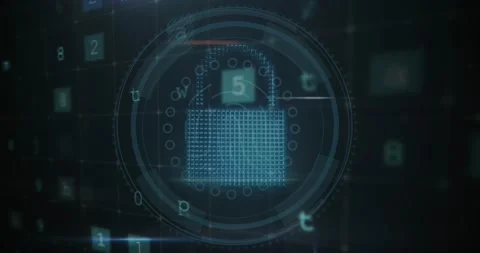 Animation of cloud, lock, shield in circles with multiple texts, number and Stock Footage 330771679