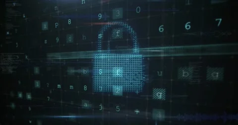 Animation of cloud, lock, shield with letters, numbers and symbols over grid Stock Footage 330254867