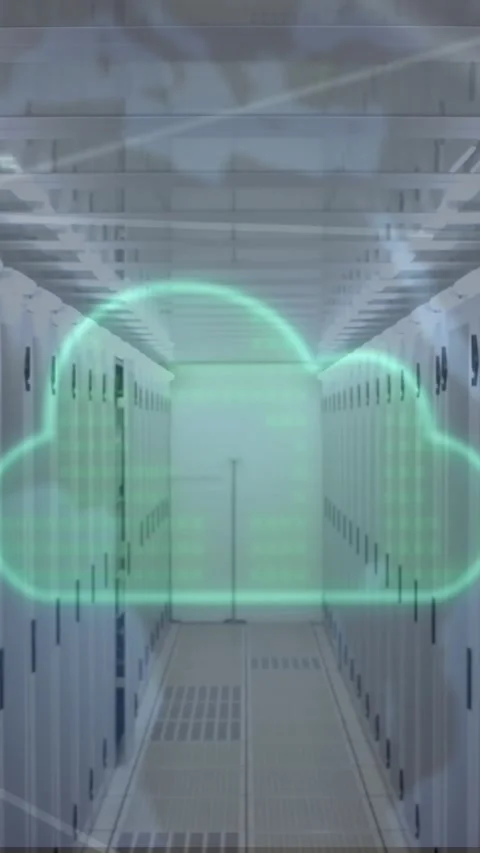 Animation of cloud, network of connections and data processing over server room Video stock 343609213