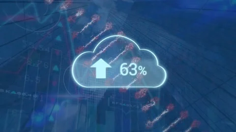 Animation of cloud with numbers and dna chain over graphs and data on blue Video stock 168431788