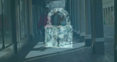 Animation of cloud, padlock and shield icon over male friends walking on street Stock Footage 327849262