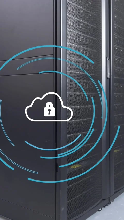 Animation of cloud with padlock icon and circles over server room Stock Footage 343829211