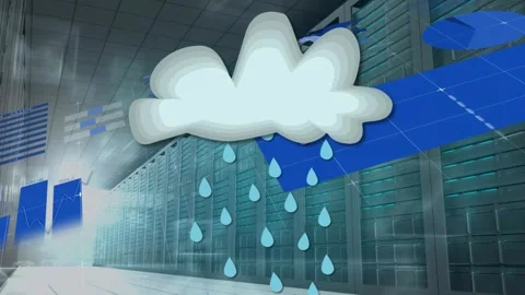 Animation of cloud with rain icon and data processing over server room Video stock 316666489