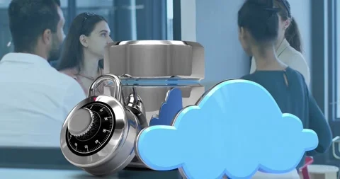 Animation of cloud server security icon over group of diverse colleagues Video stock 329509214