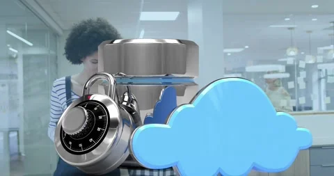 Animation of cloud server security icon over african american female colleagues Video stock 329926495