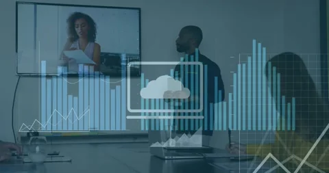 Animation of cloud, statistics and financial data processing over business Stock Footage 330400089