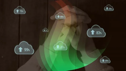 Animation of cloud storage icons with data overlay, thoughtful person in Stock Footage 303457296