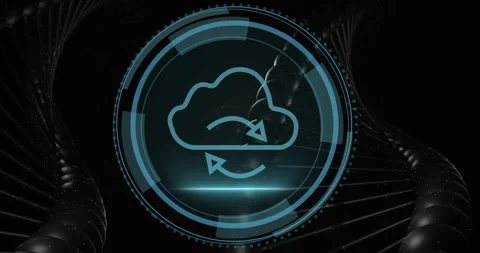 Animation of cloud synchronization icon with rotating digital interface Stock Footage 303870419