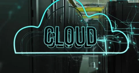 Animation of cloud text and icons over computer servers Stock Footage 330179508