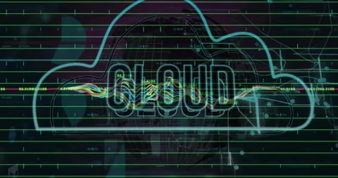 Animation of cloud text in cloud, graphs with changing numbers over rotating Video stock 250314980