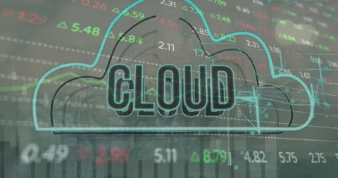 Animation of cloud text in cloud, graphs, trading board over fog covered modern Stock Footage 329223438