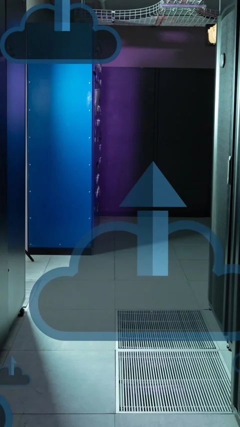 Animation clouds and arrow moving upwards over data server room Stock Footage 344766116