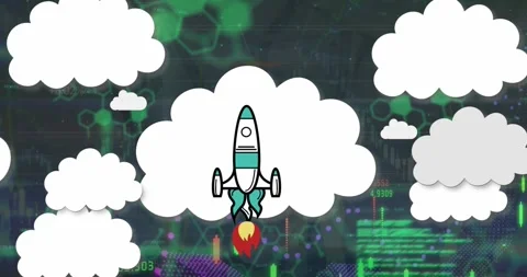 Animation of clouds and flying rocket with graphs, increasing numbers over Stock Footage 328251009
