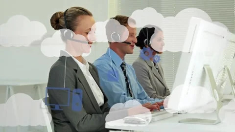Animation of clouds and tech devices over diverse consultants working with Stock Footage 219022867
