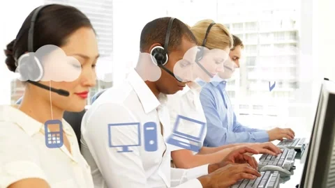 Animation of clouds and tech devices over diverse consultants working with Stock Footage 326879468