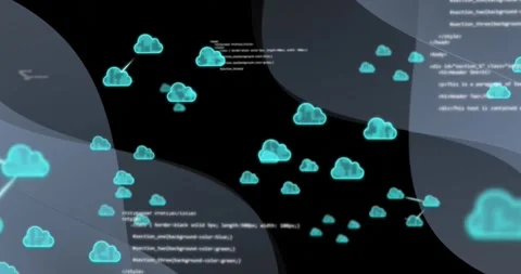 Animation of clouds with arrow signs and programming language moving on abstract Stock Footage 249680088