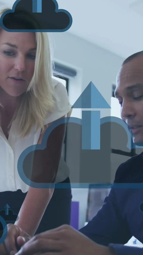 Animation of clouds with arrows and data processing over diverse business people Stock Footage 344402489