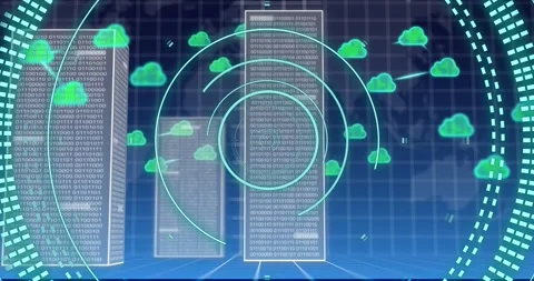 Animation of clouds, binary data with data processing over grid and map of world Stock Footage 244735858