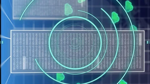 Animation of clouds, binary data with data processing over grid and map of world Video stock 312544668