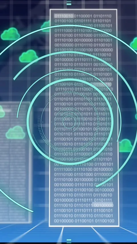 Animation of clouds, binary data with data processing over grid and map of world Video stock 323897547