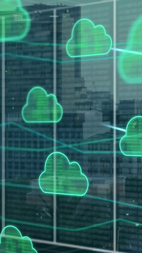 Animation of clouds, data processing over cityscape Stock Footage 342643265