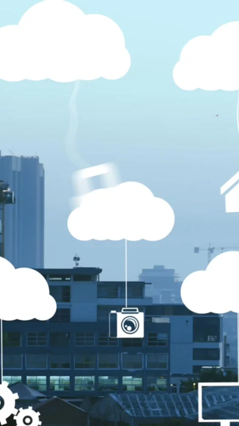 Animation of clouds with electronic devices over cityscape Stock Footage 342600276