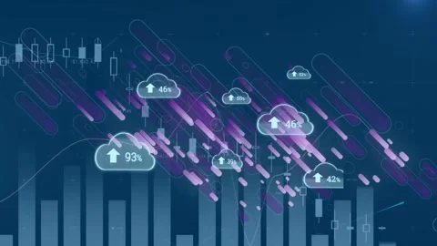 Animation of clouds with growing number over graph and purple lines Video stock 166849032