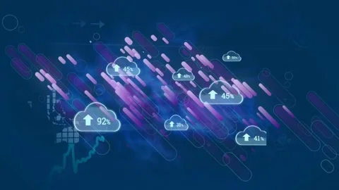 Animation of clouds with growing number over graph and purple lines Video stock 166849092