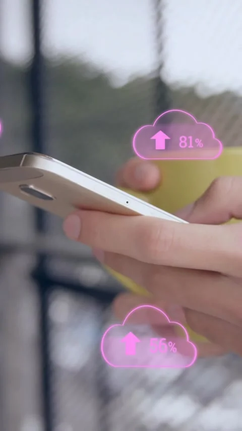 Animation of clouds with growing numbers over caucasian woman using smartphone Stock Footage 342806281