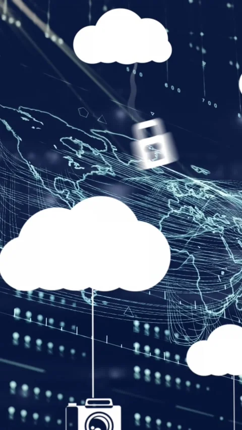 Animation of clouds with icons over data processing on black background Stock Footage 342953791