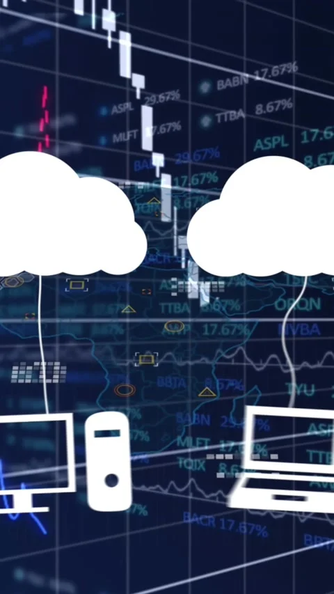 Animation of clouds with icons over data processing on black background Stock Footage 343028009