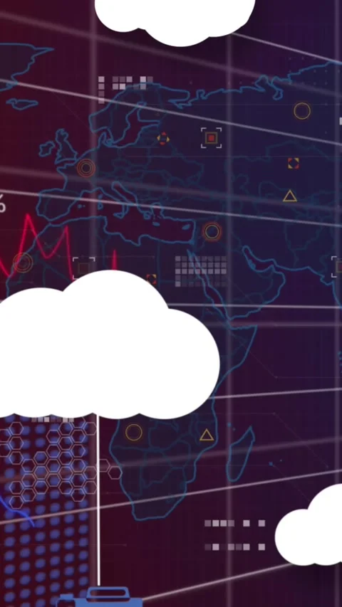 Animation of clouds with icons over data processing and world map on black Stock Footage 343028018
