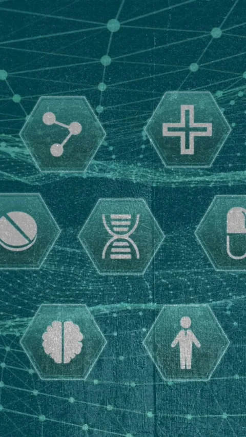 Animation of clouds with icons over scope scanning Stock Footage 343954875