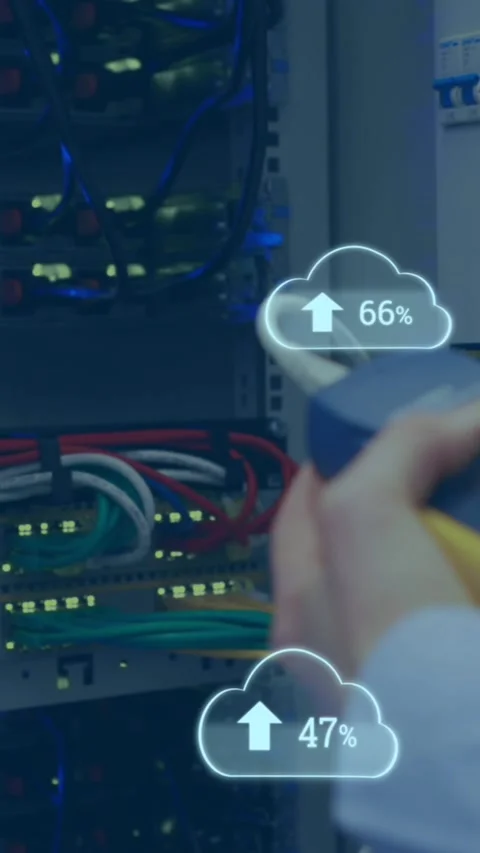 Animation of clouds with increasing numbers over hands of caucasian man working Stock Footage 344693736