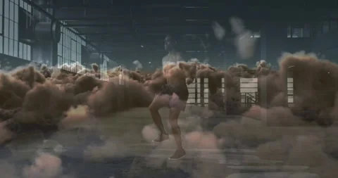 Animation of clouds over african american sportsman exercising Stock Footage 328933776