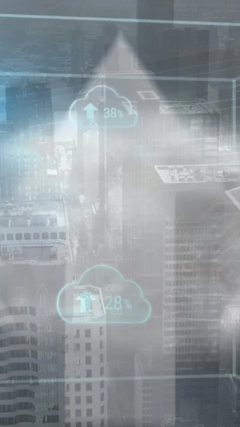 Animation of clouds with percent and data processing over cityscape Stock Footage 343996203