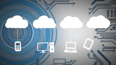 Animation of clouds with tech devices and integrated circuit on grey background Stock Footage 330054434