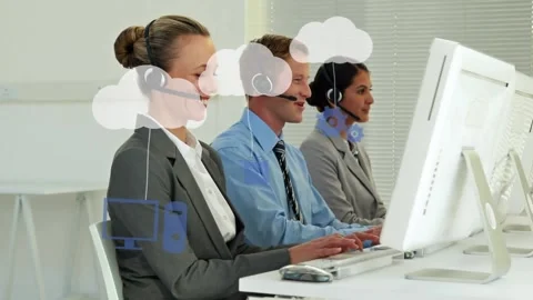 Animation of clouds with tech devices over diverse consultants working with Stock Footage 219022871