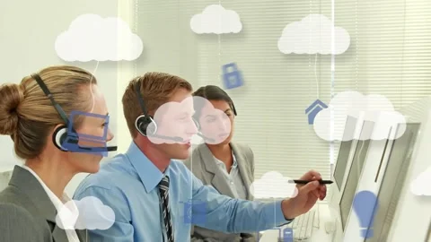 Animation of clouds with tech devices over diverse consultants working with Stock Footage 219022882
