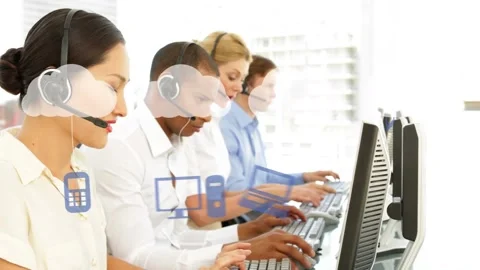 Animation of clouds with tech devices over diverse consultants working with Stock Footage 327200012