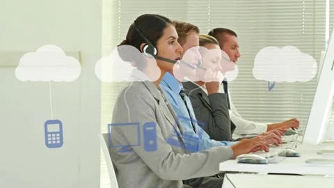 Animation of clouds with tech devices over diverse consultants working with Stock Footage 329295896