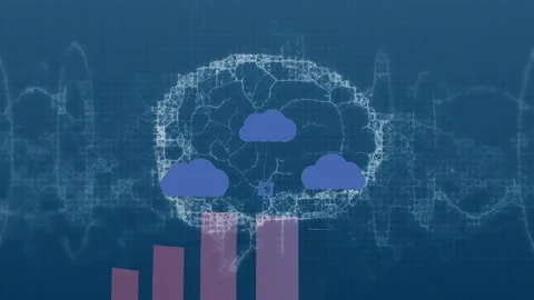 Animation of clouds with technology icons over brain and graph on blue Video stock 168431942