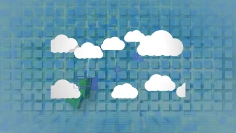 Animation of clouds with technology icons over arrow and graph on blue 스톡 동영상 168432009